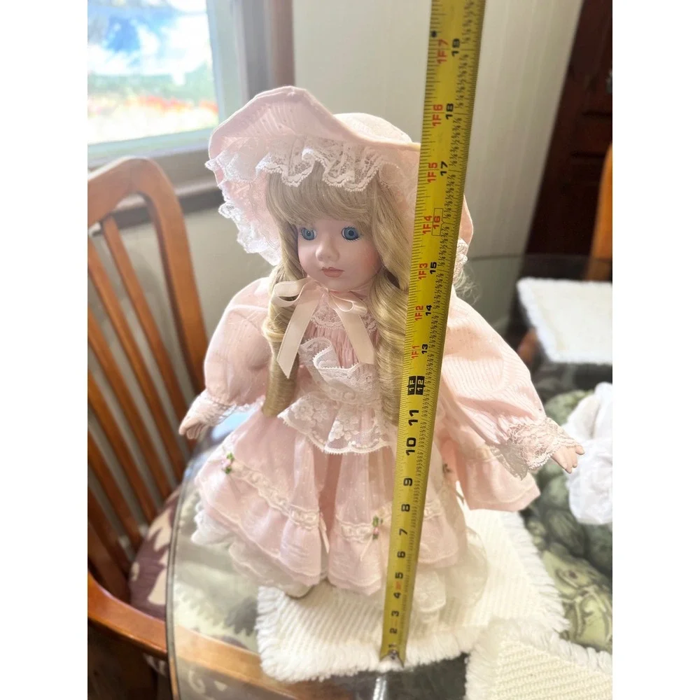 Dynasty Doll Collection Porcelain Doll Blonde Hair Pink Lace Dress 18 Inch